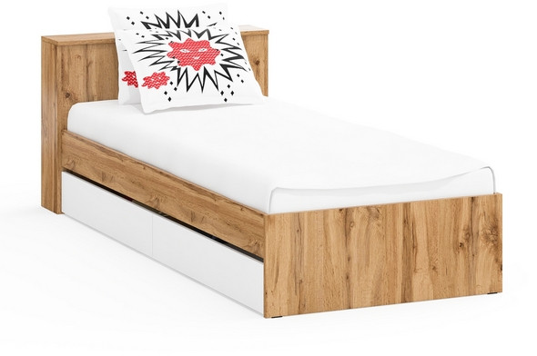 Ксения Кровать с ящиками 0900, цвет дуб вотан/белый, ШхГхВ 96,4х221,6х72 см., сп.м. 900х2000 мм., без матраса, основание есть, ун. сб.