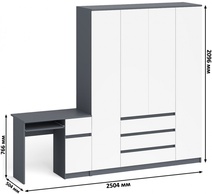 Мори компьютерный стол МС-1 правый + Шкаф МШ1600.1, графит/белый