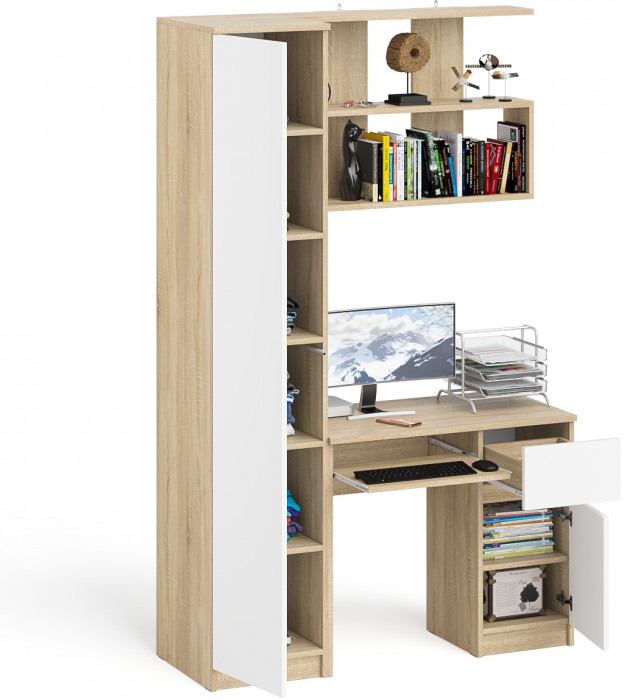 Мори Стол компьютерный МС-1 правый + Пенал МШ400.1 + Полка 900, цвет дуб сонома/белый, ШхГхВ 130,4х50,4х209,6 см., НЕ универсальная сборка
