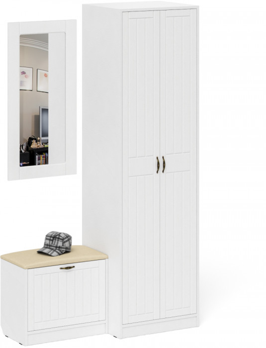 Прихожая П-6 Компоновка № 11, белая шагрень/фасады МДФ белое дерево фрезеровка прованс