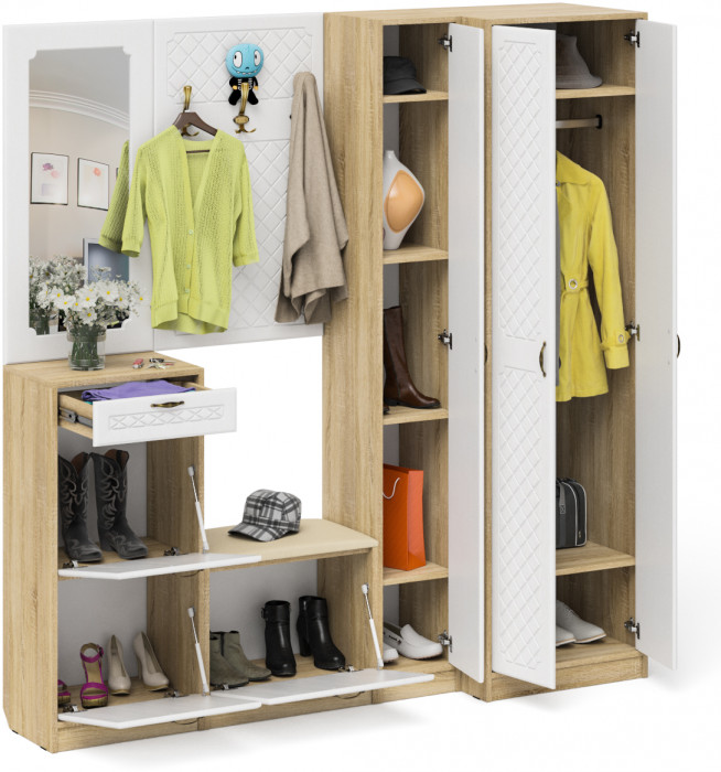 Прихожая П-6 Компоновка № 31, дуб сонома/фасады МДФ белое дерево фрезеровка ромб