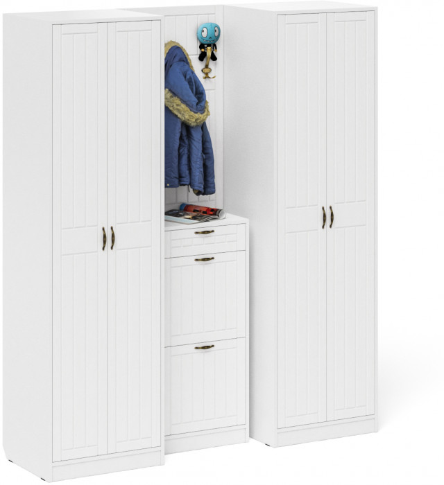 Прихожая П-6 Компоновка № 15, цвет белая шагрень/фасады МДФ белое дерево фрезеровка прованс, ШхГхВ 180х50х210 см., универсальная сборка