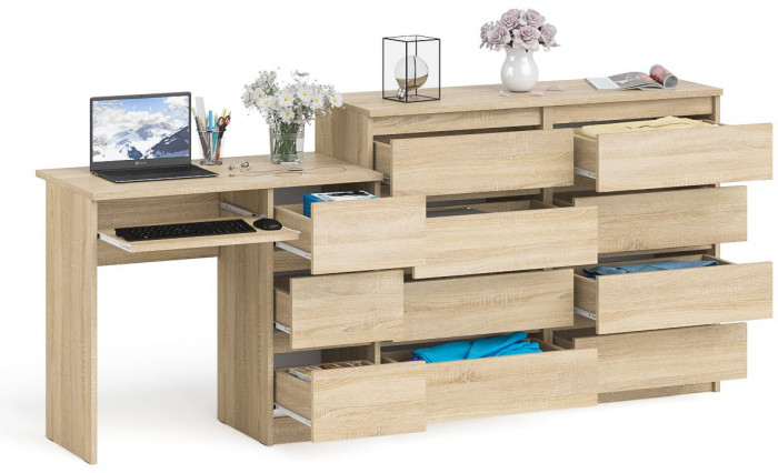 Мори компьютерный стол МС-6 правый + Комод МК1200.8, дуб сонома