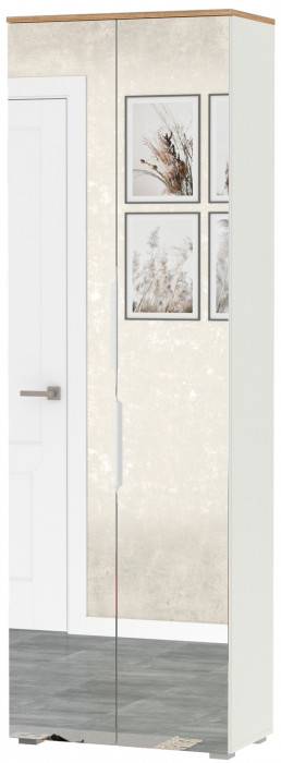 Октава 13.338 Шкаф для одежды, цвет белый шагрень/дуб крафт золотой/фасады МДФ белый шагрень и зеркало, ШхГхВ 64,4х35,3х197,6 см.