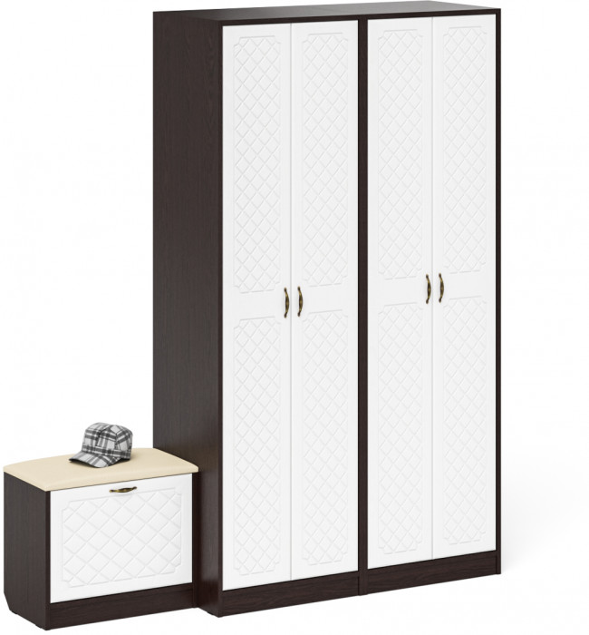 Прихожая П-6 Компоновка № 07, цвет венге/фасады МДФ белое дерево фрезеровка ромб, ШхГхВ 180х50х210 см., универсальная сборка