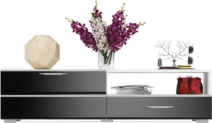 Тумба под ТВ Ларго 1,4, цвет корпус белый/фасады МДФ чёрный глянец, ШхГхВ 140х46х35 см., НЕ универсальная сборка