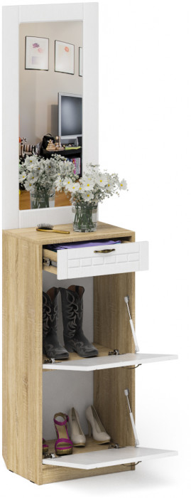 Прихожая П-6 Тумба для обуви 2 секции + Зеркало, дуб сонома/фасады МДФ белое дерево фрезеровка прованс