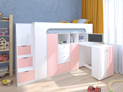 Кровать чердак Астра 11 Белый/Розовый