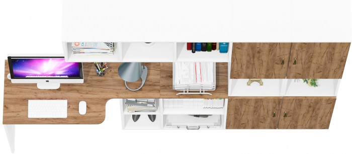 Лидер-8 Стол + Полка + Пенал + Пенал, цвет белый шагрень/крафт золото, ШхГхВ 245х50/30х75/190 или 160х115/30х75/190 см., НЕ универсальная сборка