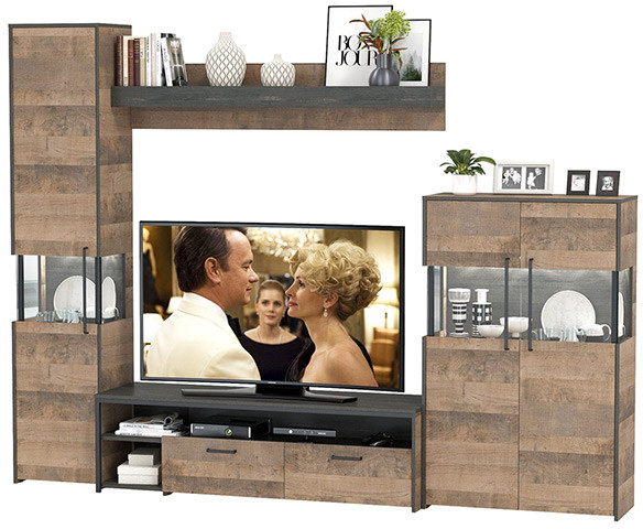 Трувор Гостиная 025, цвет дуб гранж песочный/интра, ШхГхВ 280,4х45,4х210 см., универсальная сборка