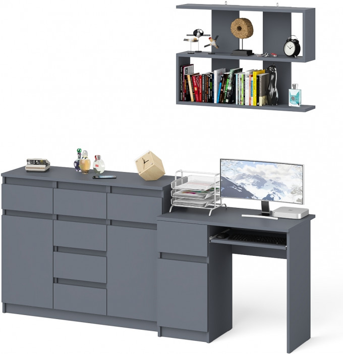 Мори Стол компьютерный МС-1 левый + Комод МК1200.4 + Полка 900, цвет графит, ШхГхВ 210,4х50х209,6 см., НЕ универсальная сборка
