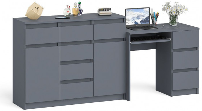 Мори Стол компьютерный МС-6 правый + Комод МК1200.4, цвет графит, ШхГхВ 210,4х50х94 см., выдвижные ящики справа, НЕ универсальная сборка