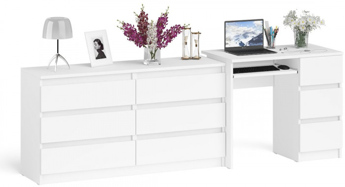 Мори компьютерный стол МС-6 правый + Комод МК1380.6, белый