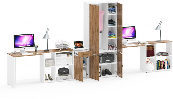 Лидер-8 Стол + Стол + Шкаф МД 20Б + Тумба МД 3.15, цвет белый шагрень/крафт золото, ШхГхВ 450х50/37,5х75/190 или 230х200/50х75/190 см., НЕ ун. сб.