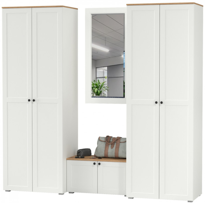 Остин Прихожая 30, цвет белый шагрень/дуб крафт золотой, ШхГхВ 240х54,3х229,6 см., универсальная сборка