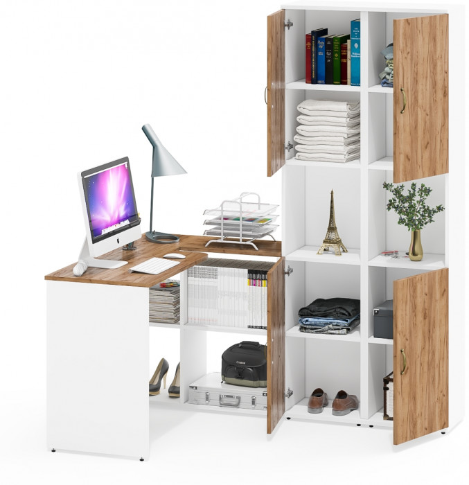 Лидер-8 Стол + Пенал + Пенал, цвет белый шагрень/крафт золото, ШхГхВ 245х50/30х75/190 см. или 115х50/160х75/190 см., НЕ универсальная сборка