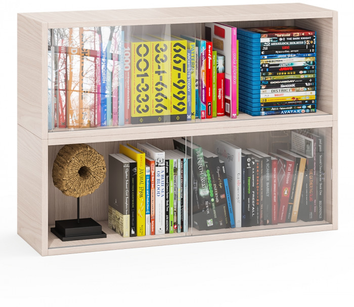 Две полки книжных С-МД-КН01, цвет ясень шимо светлый, размер каждой полки в отдельности: ШхГхВ 83х25х30 см., стеклянные дверцы