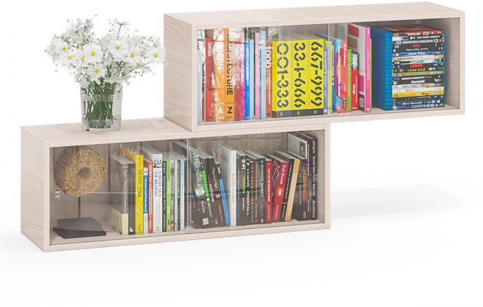 Две полки книжных С-МД-КН01, цвет ясень шимо светлый, размер каждой полки в отдельности: ШхГхВ 83х25х30 см., стеклянные дверцы