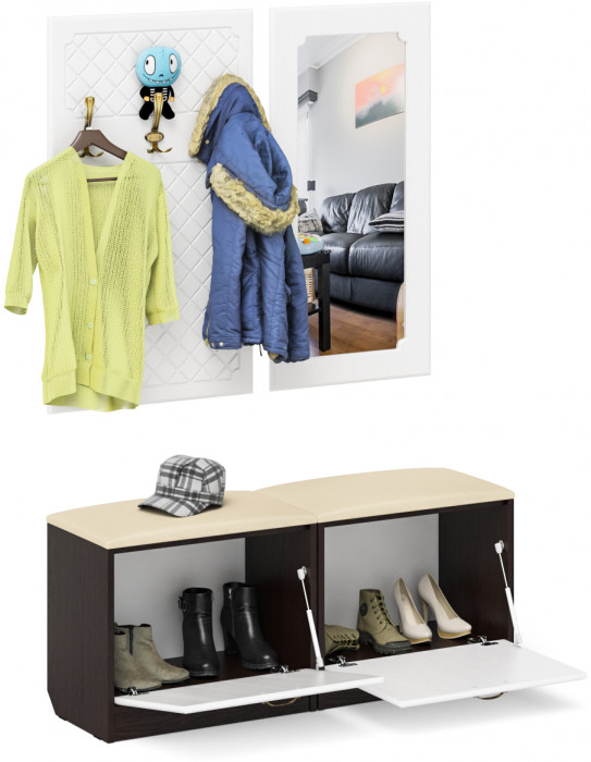 Прихожая П-6 Компоновка № 02, цвет венге/фасады МДФ белое дерево фрезеровка ромб, ШхГхВ 120х35х200 см.