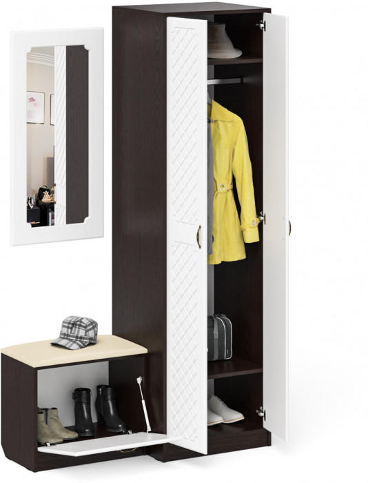 Прихожая П-6 Компоновка № 11, венге/фасады МДФ белое дерево фрезеровка ромб