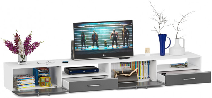 Тумба под ТВ Ларго 1, корпус белый/фасады МДФ графитово-серый глянец