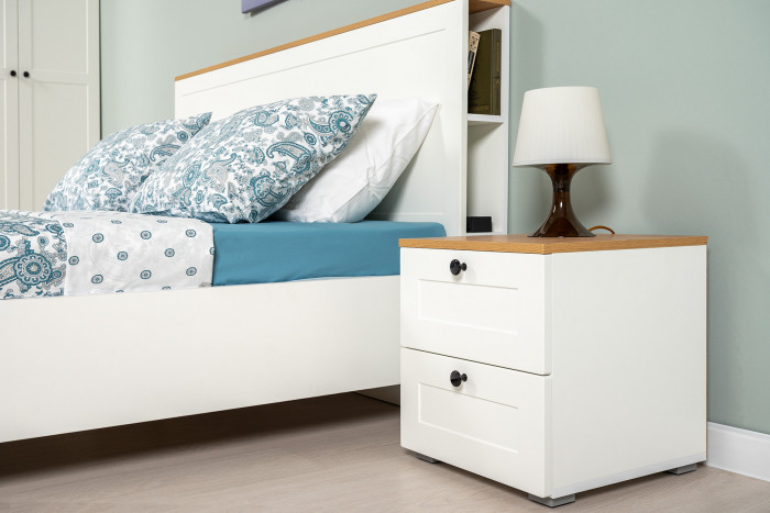 Остин 11.53 Кровать + ортопед + 16.240 Комод + 16.152 Тумба прикроватная, белый шагрень/дуб крафт золотой