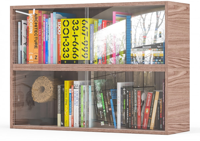 Две полки книжных С-МД-КН01, цвет ясень шимо тёмный, ШхГхВ размер каждой полки в отдельности: 83х25х30 см., стеклянные дверцы