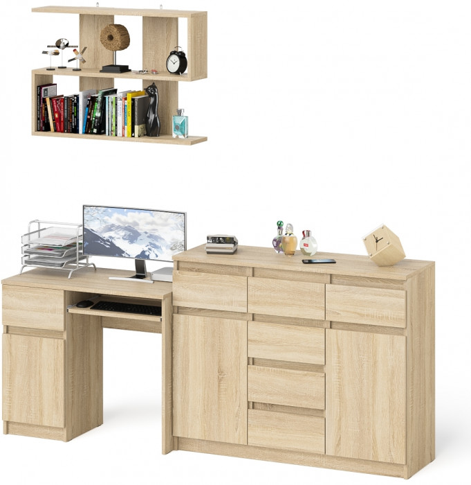 Мори Стол компьютерный МС-1 левый + Комод МК1200.4 + Полка 900, цвет дуб сонома, ШхГхВ 210,4х50х209,6 см., НЕ универсальная сборка