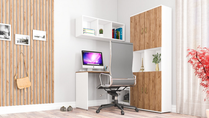 Лидер-8 Стол + Полка + Пенал + Пенал, цвет белый шагрень/крафт золото, ШхГхВ 245х50/30х75/190 или 160х115/30х75/190 см., НЕ универсальная сборка