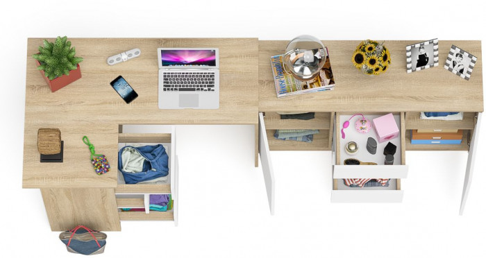 Мори Стол компьютерный МС-16 левый + Комод МК1200.3, цвет дуб сонома/белый, ШхГхВ 244,8х84,9х76,6 см., выдвижные ящики слев, НЕ универсальная сборкаа