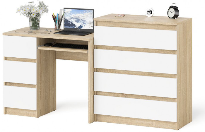 Мори Стол компьютерный МС-6 левый + Комод МК800.4, цвет дуб сонома/белый, ШхГхВ 170,4х50х94 см., выдвижные ящики слева, НЕ универсальная сборка