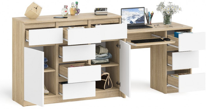 Мори Стол компьютерный МС-6 правый + Комод МК1200.4, цвет дуб сонома/белый, ШхГхВ 210,4х50х94 см., выдвижные ящики справа, НЕ универсальная сборка