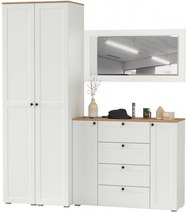 Остин Прихожая 32, цвет белый шагрень/дуб крафт золотой, ШхГхВ 200х54,3х229,6 см., универсальная сборка