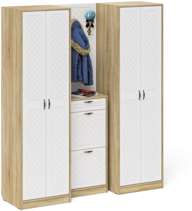 Прихожая П-6 Компоновка № 15, цвет дуб сонома/фасады МДФ белое дерево фрезеровка ромб, ШхГхВ 180х50х210 см., универсальная сборка