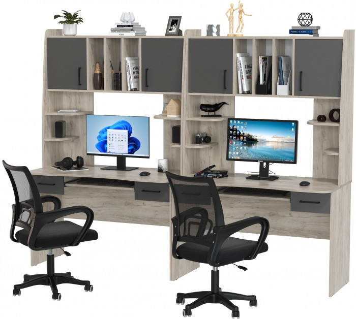 Два стола рабочих 6-0604 Бета + два кресла 103 чёрных, дуб крафт серый/графит