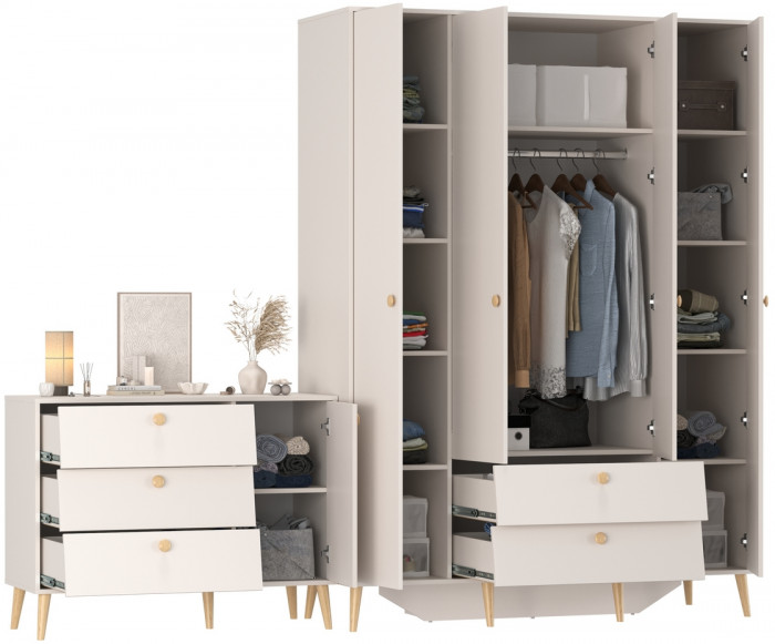 Афина Спальня Шкаф 4-х дверный + Комод с дверкой и тремя ящиками, цвет кашемир серый, ШхГхВ 160х56,3х220 + 110х45,3х83 см., универсальная сборка