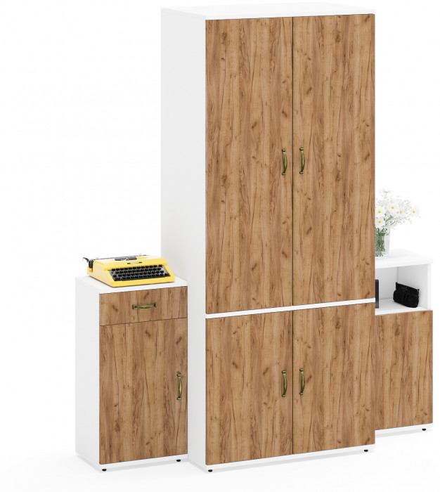 Лидер-8 Шкаф МД 19Б + Тумба МД 3.15 + Тумба МД 3.19, цвет белый шагрень/крафт золото, ШхГхВ 160х50х190 см., универсальная сборка