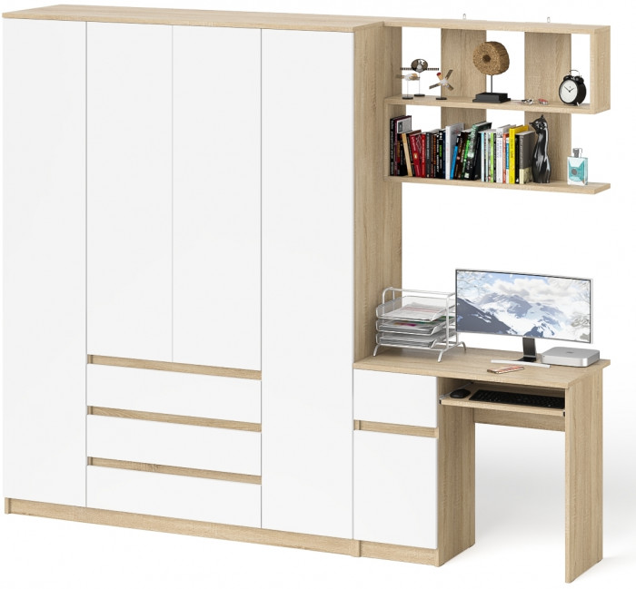 Мори компьютерный стол МС-1 левый + Шкаф МШ1600.1 + Полка 900, дуб сонома/белый