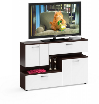 Тумба ТВ С-МД-С1-1400, цвет венге/белый шагрень, ШхГхВ 140х30х93 см., НЕ универсальная сборка