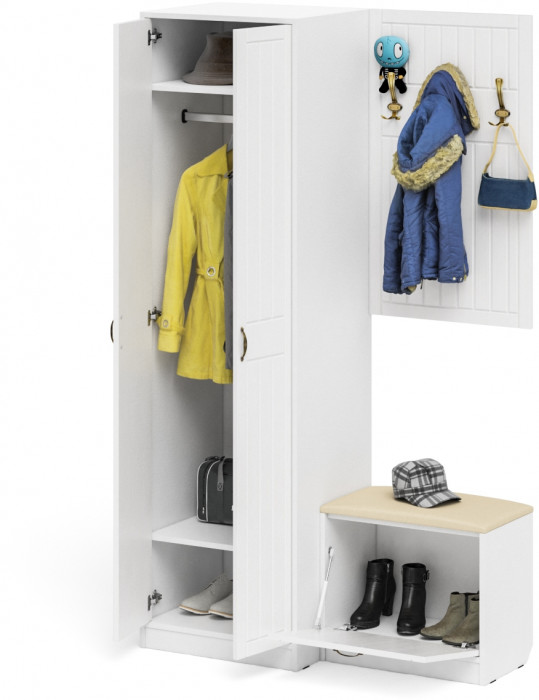 Прихожая П-6 Компоновка № 12, белая шагрень/фасады МДФ белое дерево фрезеровка прованс