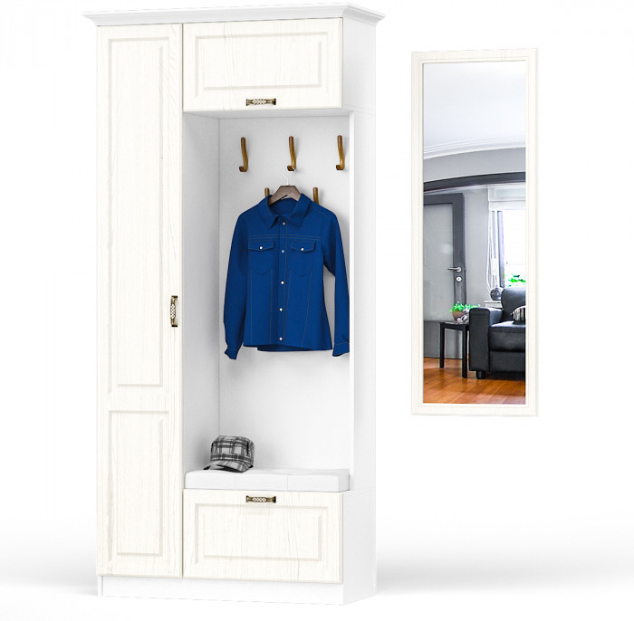 Ливерпуль Шкаф многоцелевого назначения 13.21 + карниз + Зеркало 03.242, ясень ваниль/белый