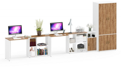 Лидер-8 Стол + Стол + Шкаф МД 19Б + Тумба МД 3.19, белый шагрень/крафт золото