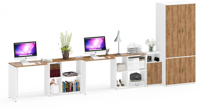 Лидер-8 Стол + Стол + Шкаф МД 19Б + Тумба МД 3.19, белый шагрень/крафт золото