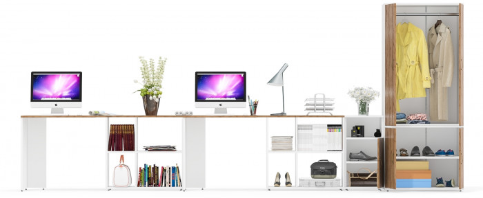 Лидер-8 Стол + Стол + Шкаф МД 19Б + Тумба МД 3.19, белый шагрень/крафт золото