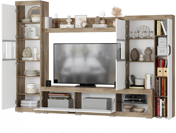 Стенка в гостиную Тесла ГС-01, дуб каньон/белый