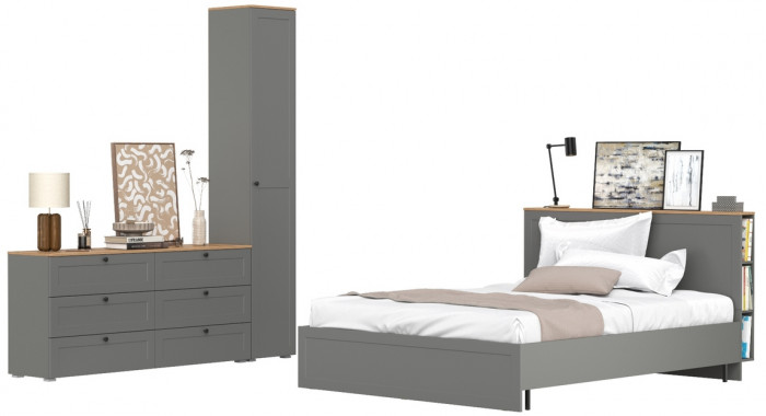 Остин 11.53 Кровать + ортопед + 13.227 Шкаф-пенал + 16.240 Комод, серый графит/дуб крафт золотой