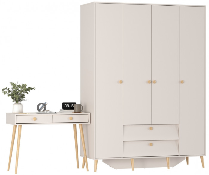 Афина Спальня Шкаф 4-х дверный + Стол, цвет кашемир серый, ШхГхВ 160х56,3х220 + 100х45х76 см., универсальная сборка