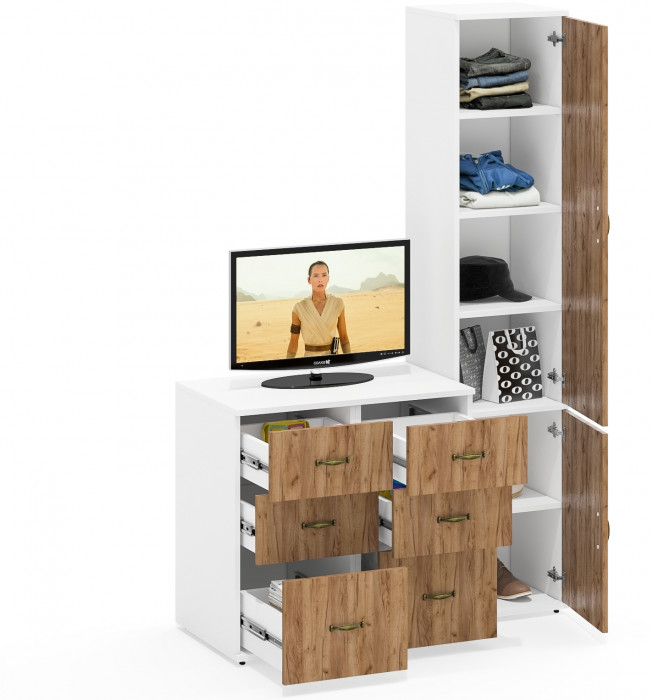 Лидер-8 Пенал МД 22Б + Тумба МД 3.16 + Тумба МД 3.16, цвет белый шагрень/крафт золото, ШхГхВ 120х50х190 см., универсальная сборка