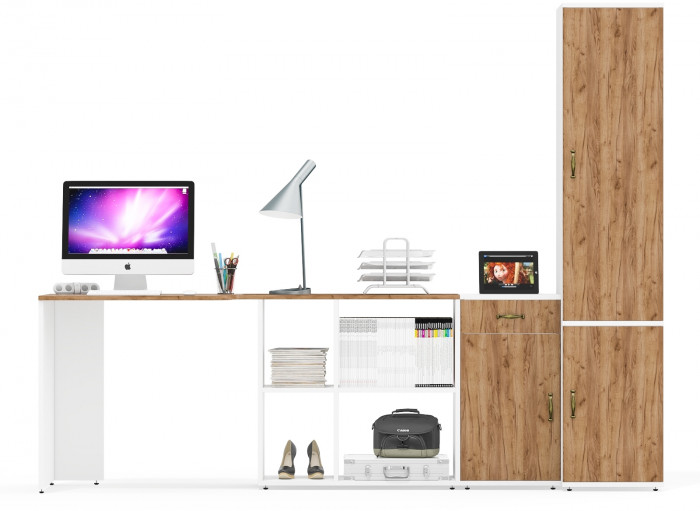 Лидер-8 Стол + Тумба МД 3.15 + Пенал МД 21Б, цвет белый шагрень/крафт золото, ШхГхВ 245х50/37,5х75/190 или 115х160/50х75/190 см., НЕ ун. сборка