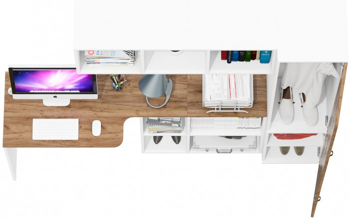 Лидер-8 Стол + Полка + Пенал МД 21Б, цвет белый шагрень/крафт золото, ШхГхВ 205х50/37,5х75/190 или 115х50/120х75/190 см., НЕ универсальная сборка